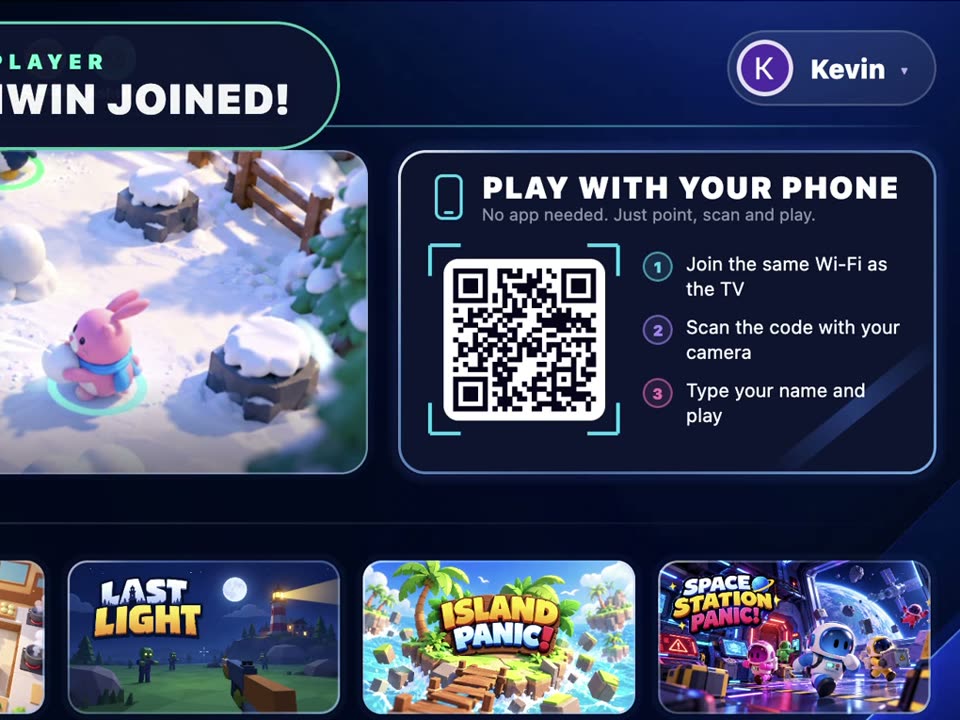 Pocket Play's home screen on a TV, with the code to scan